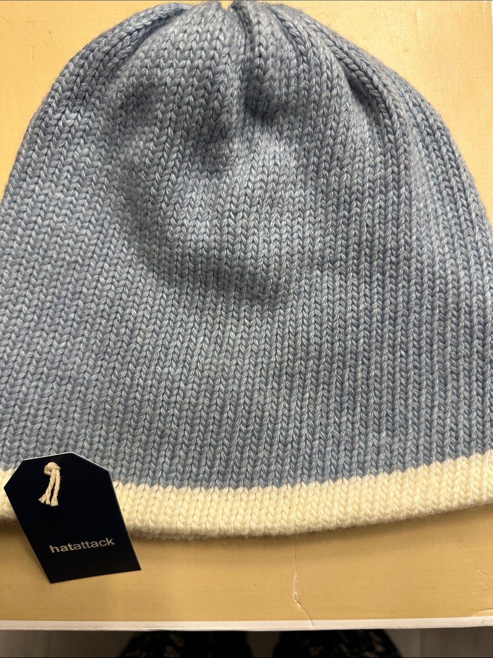 Hat Attack Ribbed Beanie in Sky Blue and Cream Trim